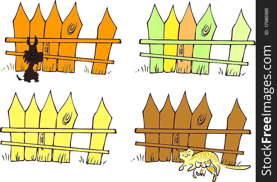 Different color fences with dog, cat and kittens