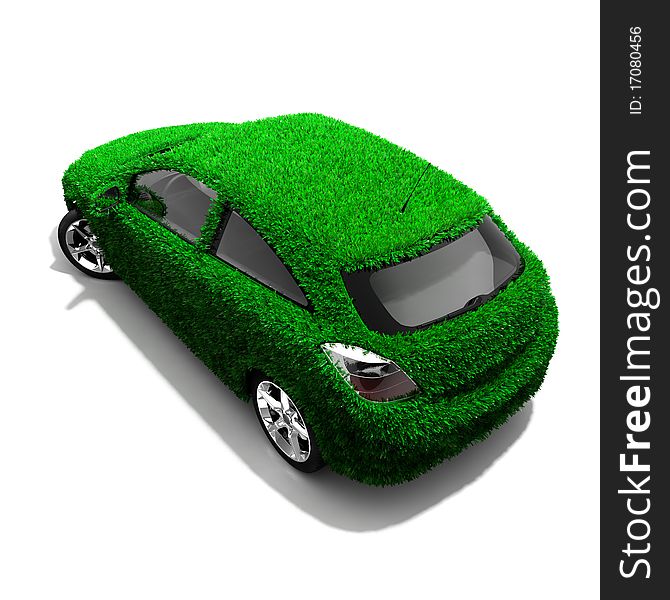Concept of the eco-friendly car - body surface is covered with a realistic grass. Concept of the eco-friendly car - body surface is covered with a realistic grass