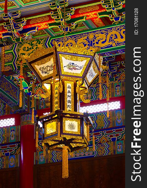 Lamps installed in a large Chinese temple in Thailand.