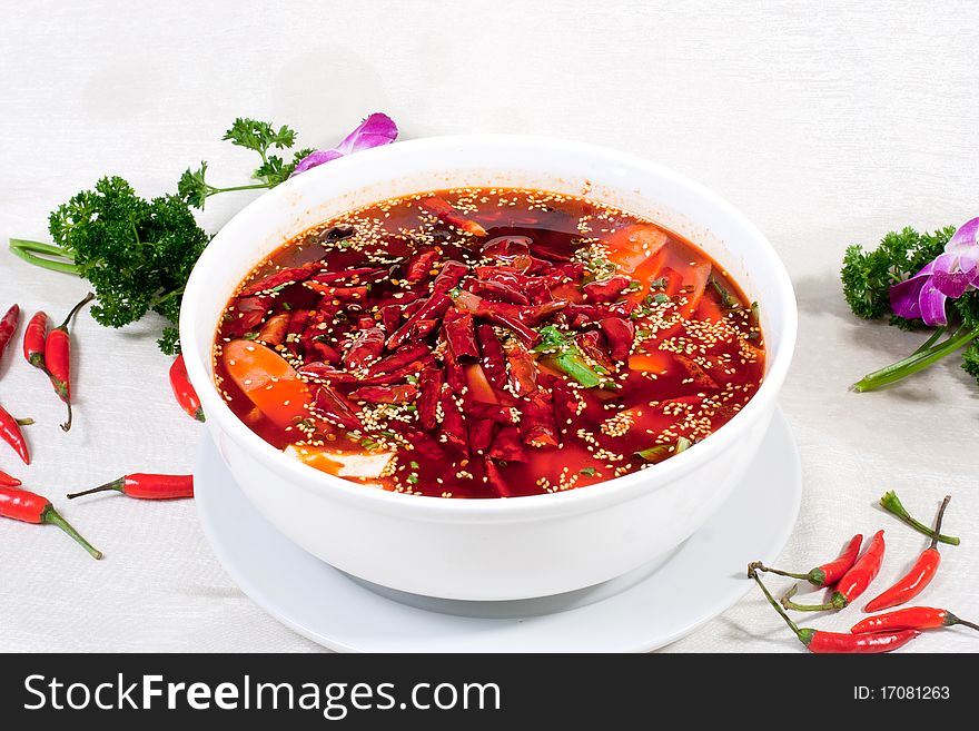 Duck blood in chili sauce, chili on it. Duck blood in chili sauce, chili on it
