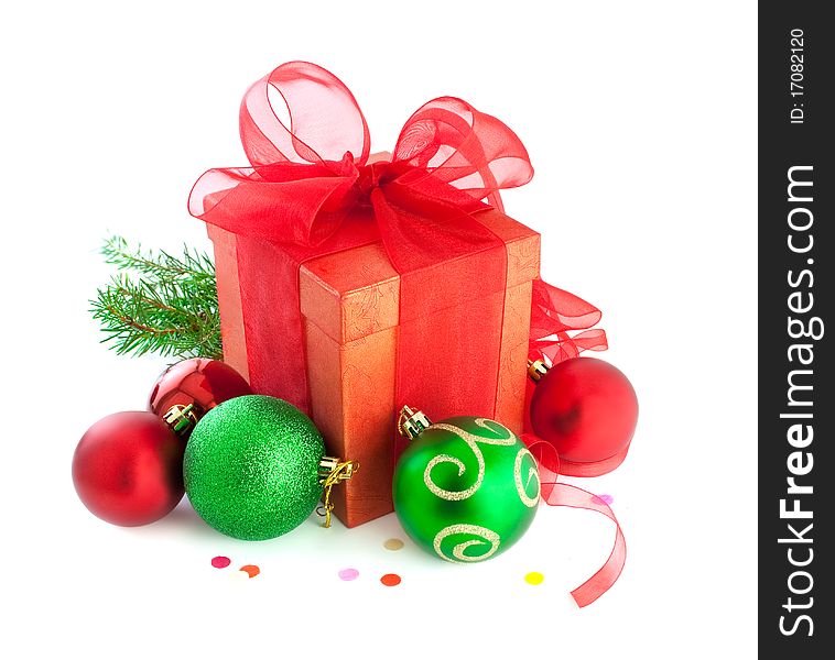 Christmas gifts, with red and green balls. Isolated on white