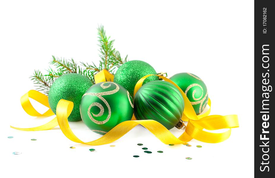 Christmas balls with yellow tape/isolated on white background