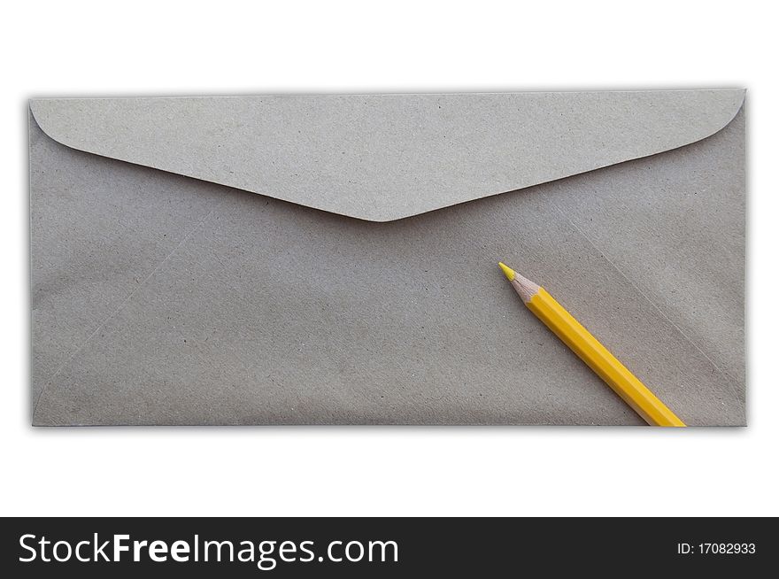 Envelope and yellow pencil as white isolate background. Envelope and yellow pencil as white isolate background