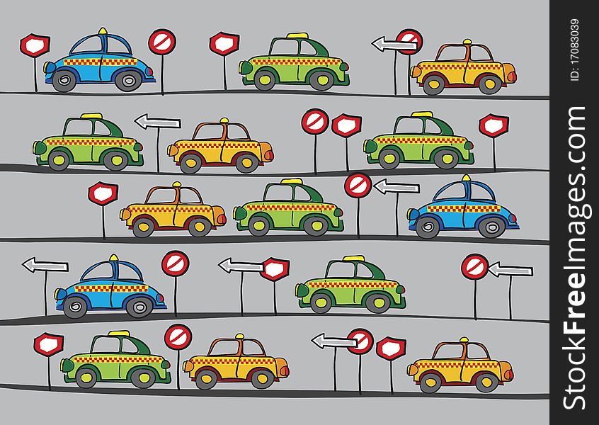 Taxi cars and traffic signs cartoon, abstract vector art illustration