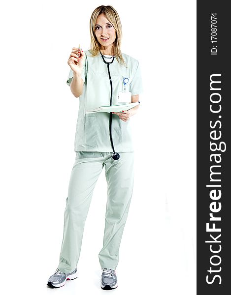 Smiling confident medical staff pointing with a pen. Smiling confident medical staff pointing with a pen