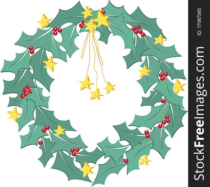 Christmas holly wreath with stars and berries