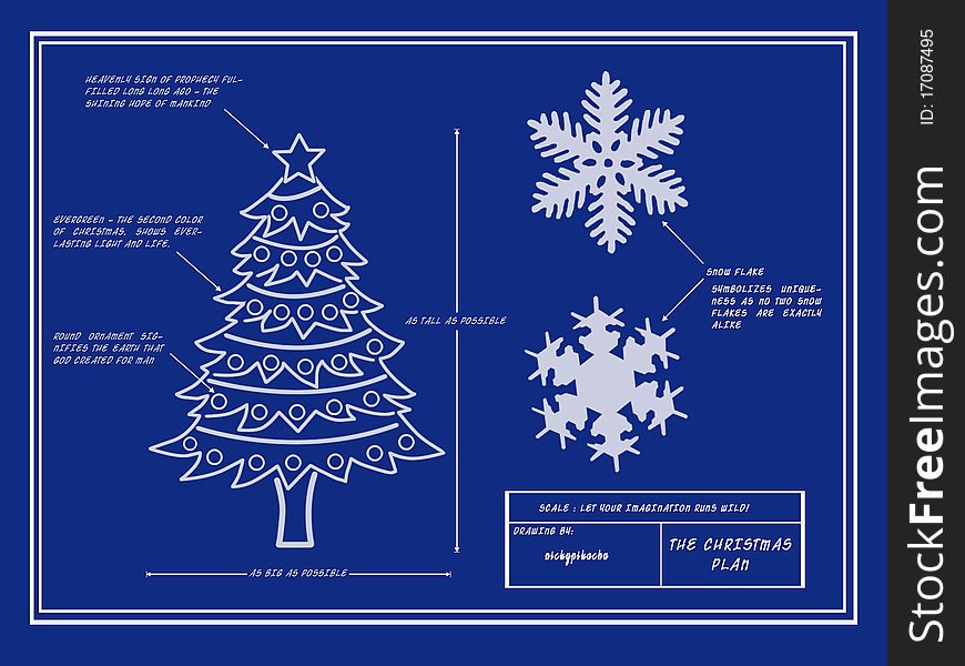 Blue print of a Christmas tree and snow flakes. Blue print of a Christmas tree and snow flakes