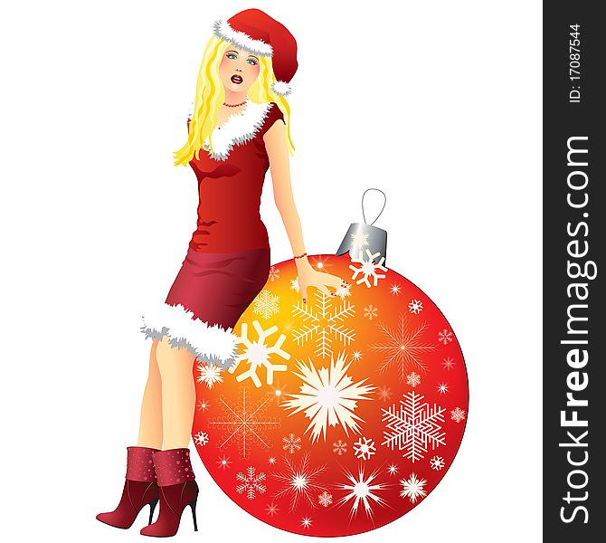 Vector snow maiden in a red dress and a Christmas ball with snowflakes