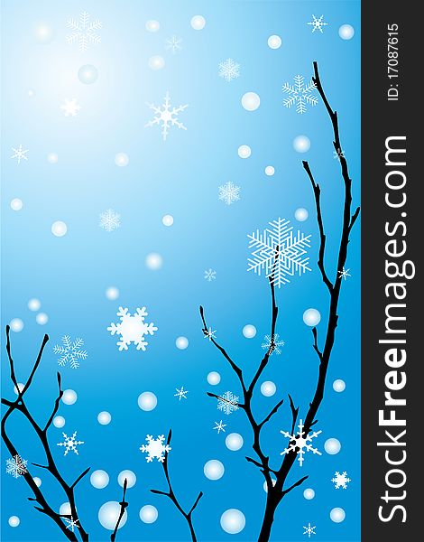 Branch of a tree and falling snow on a blue background. Vector. Branch of a tree and falling snow on a blue background. Vector.