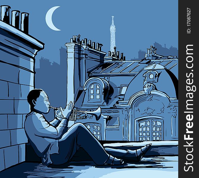 Vector illustration of trumpet player on a roof in Paris