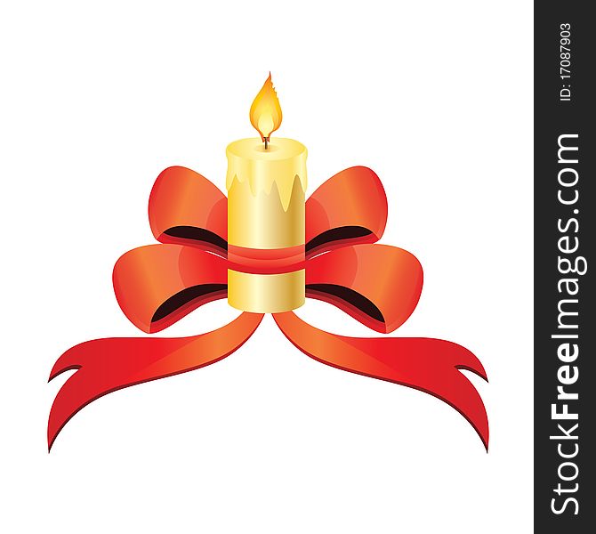 Vector candle and a red ribbon on white background. Vector candle and a red ribbon on white background