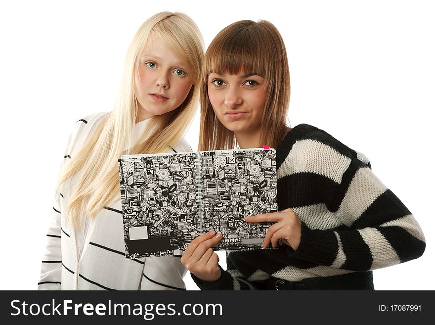 Portrait two beautiful girls in striped cloth on white background