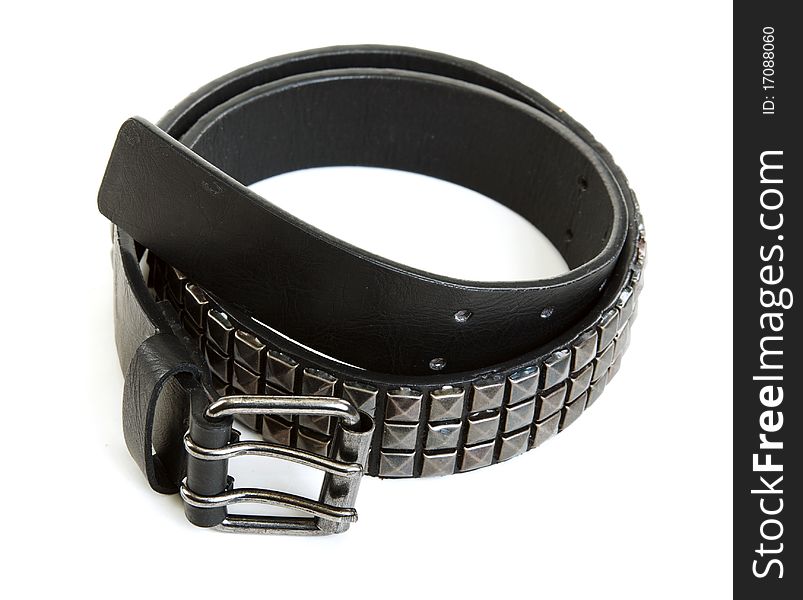 Black leather belt with steel buckle on white background