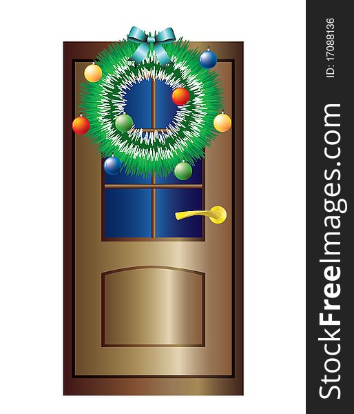Christmas wreath on the brown door with glass. Vector. Christmas wreath on the brown door with glass. Vector.