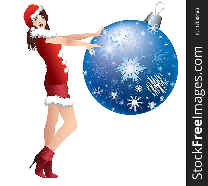 Vector snow maiden in a red dress and blue Christmas ball. Vector snow maiden in a red dress and blue Christmas ball.