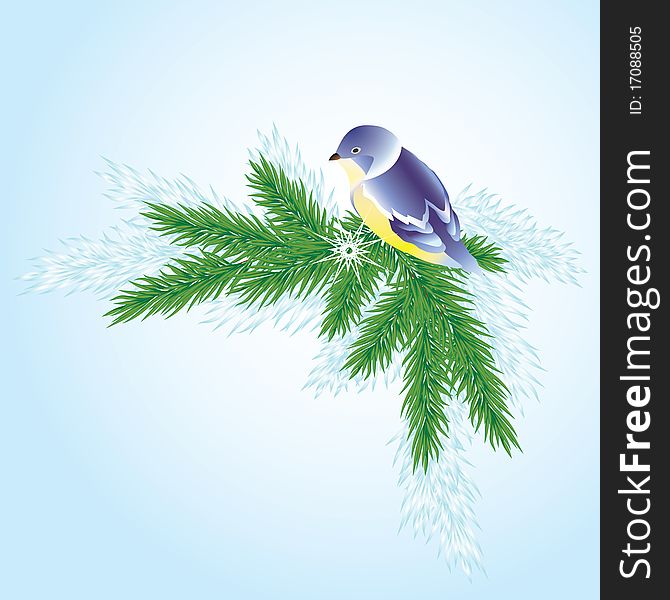 Christmas background with a branch of pine trees and a small bird. Christmas background with a branch of pine trees and a small bird.