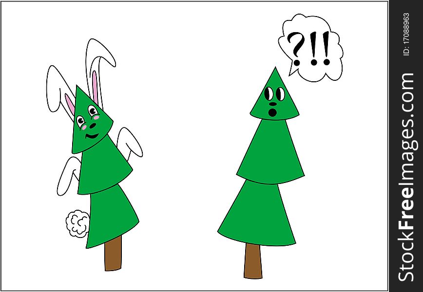The fur-tree in a mask of a rabbit meets a usual fur-tree. The usual fur-tree is very surprised.