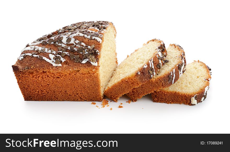Sliced loaf of sweet bread with chocolate chips. Isolated on white background.