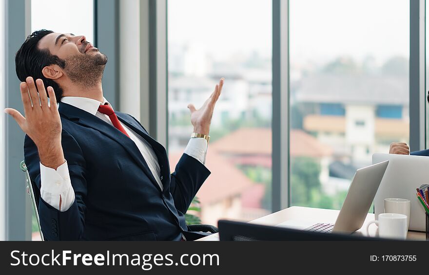 Business Background Of Caucasian Businessman Expressing Happy And Showing Manner Of Success In Office
