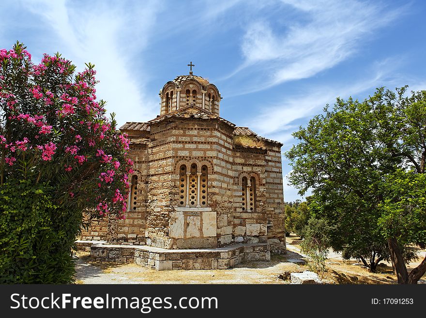 Little Chapel In Athens And Clouds