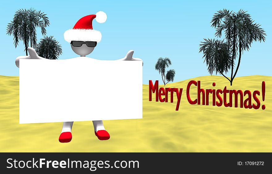 Christmas figure with white sign and Merry Christmas background in desert