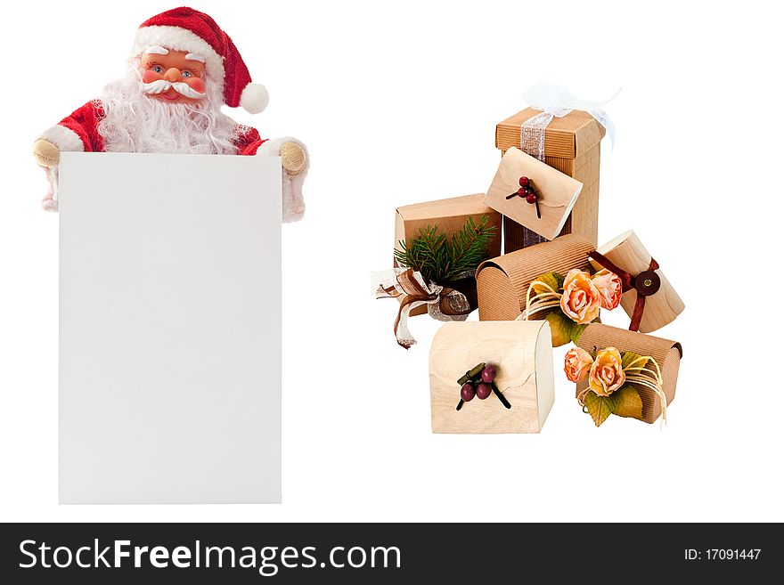 Santa Claus and several Christmas packages on a white background