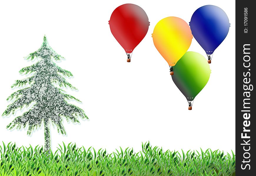 Illustration for children with balloons and tree on white background. Illustration for children with balloons and tree on white background