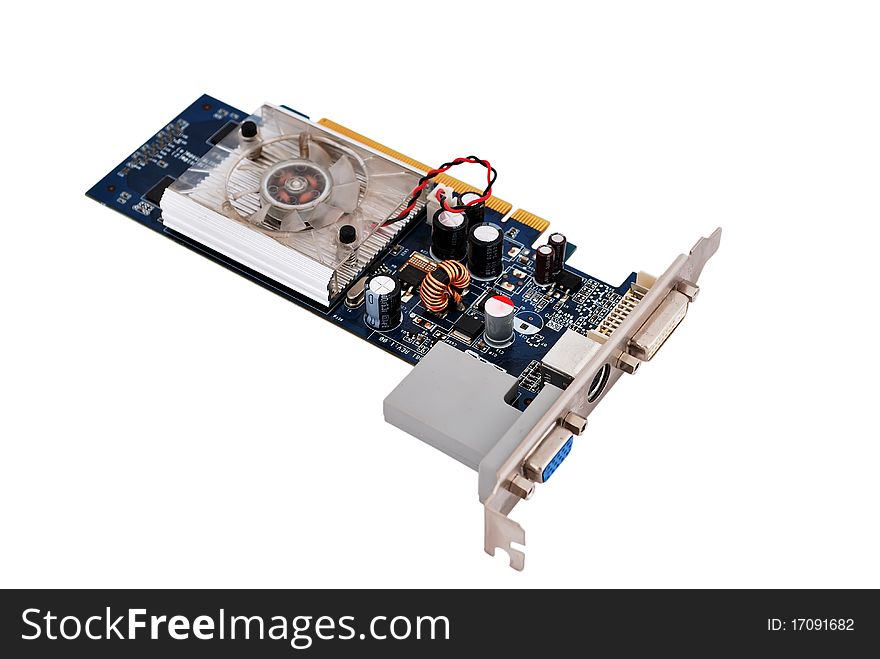 Video card with three outputs on a white background