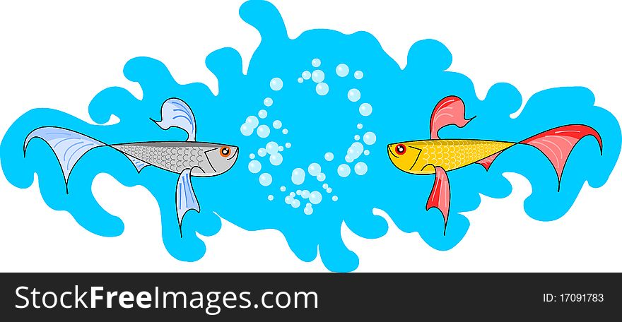 Two small fishes look against each other. It is a sea theme.