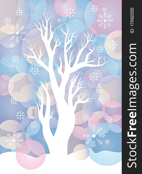 White tree on the bubble colored background with snowflakes. White tree on the bubble colored background with snowflakes