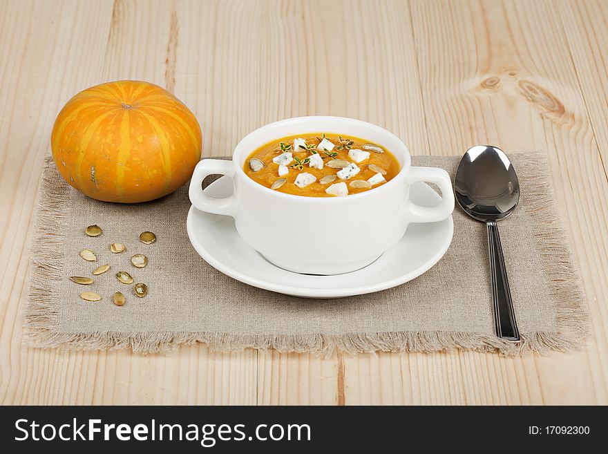 Pumpkin soup on the table