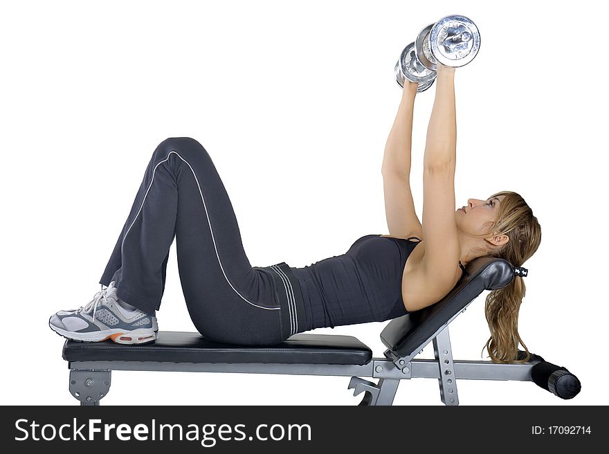 Girl working out towards white background