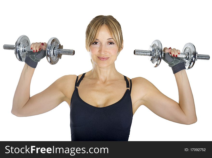 Girl working out towards white background