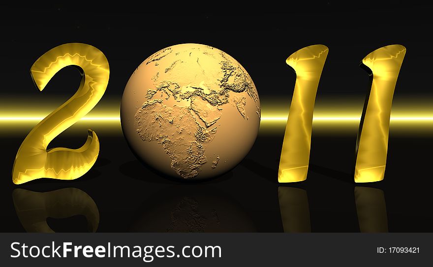 Gold new year 2011 with a yellow earth instead of zero in black background with a yellow line. Gold new year 2011 with a yellow earth instead of zero in black background with a yellow line