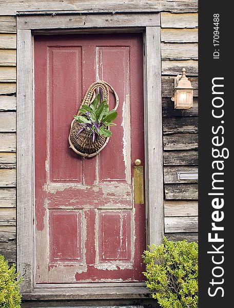 Old Red Wooden House Door