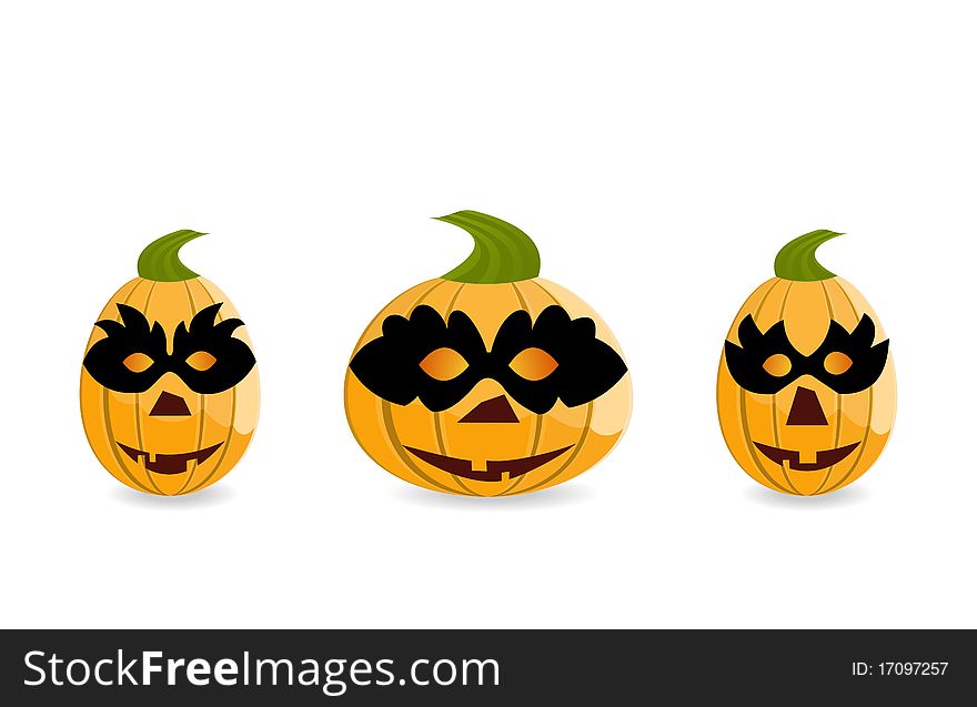 Halloween gang of pumpkins dressed in masks are isolated on white background - vector