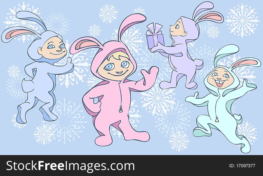 New Year illustration of four rabbits with snowflakes on the background. New Year illustration of four rabbits with snowflakes on the background