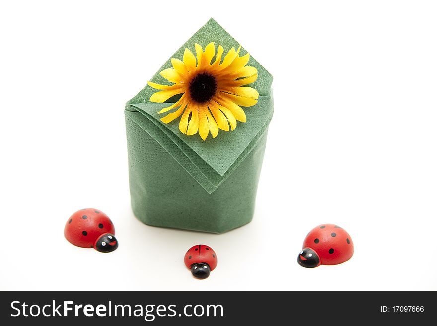 Sunflower with paper napkin and ladybird