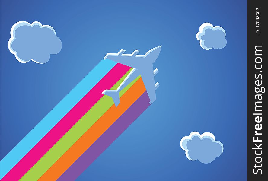 Illustration of cartoon airplane with the rainbow.