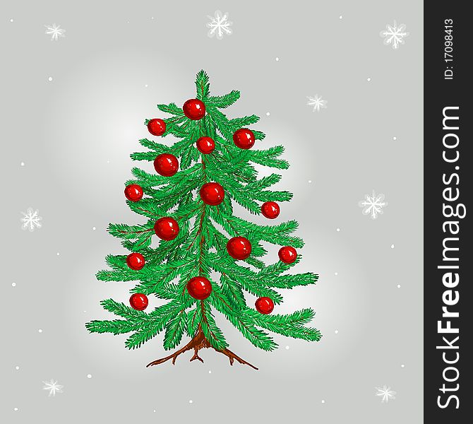 Hand Drawn spruce with red balls on the gray background. Hand Drawn spruce with red balls on the gray background