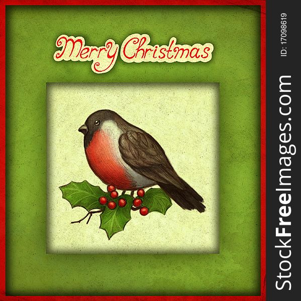 Christmas greeting card with illustration of bullfinch
