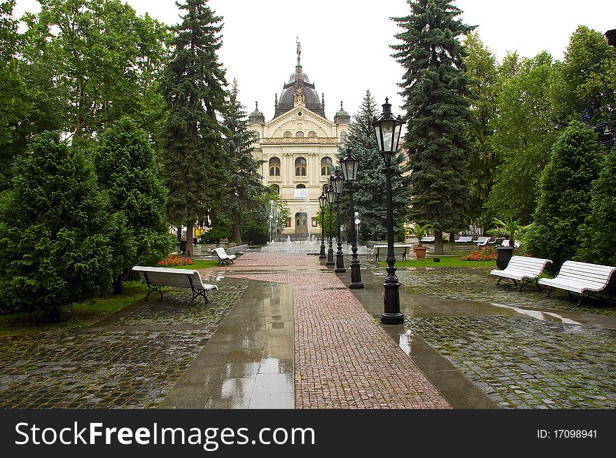 City Hall of slovakian city Kosice with fountains and lantern. Slovakia