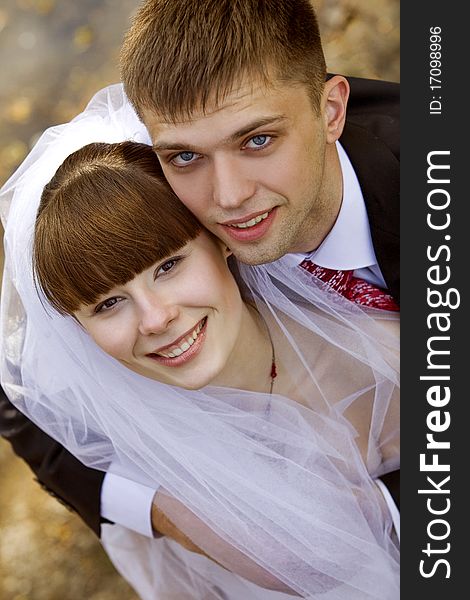 Colorful wedding shot of bride and groom