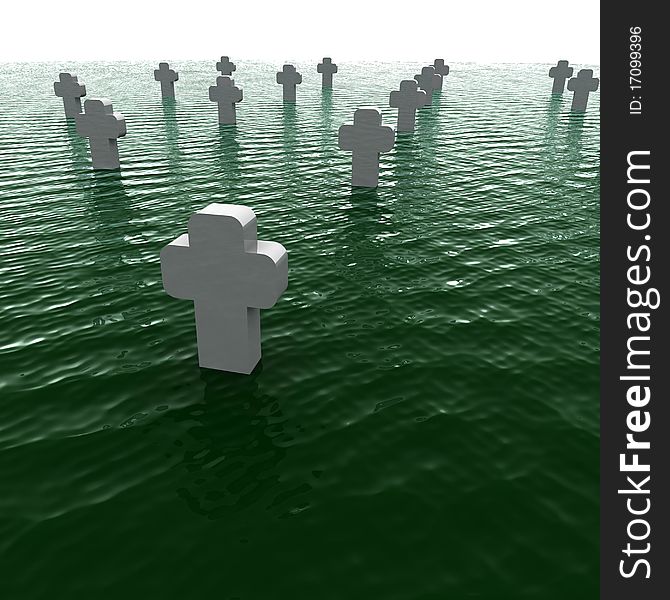 Cemetery white crosses flooded green water. Cemetery white crosses flooded green water