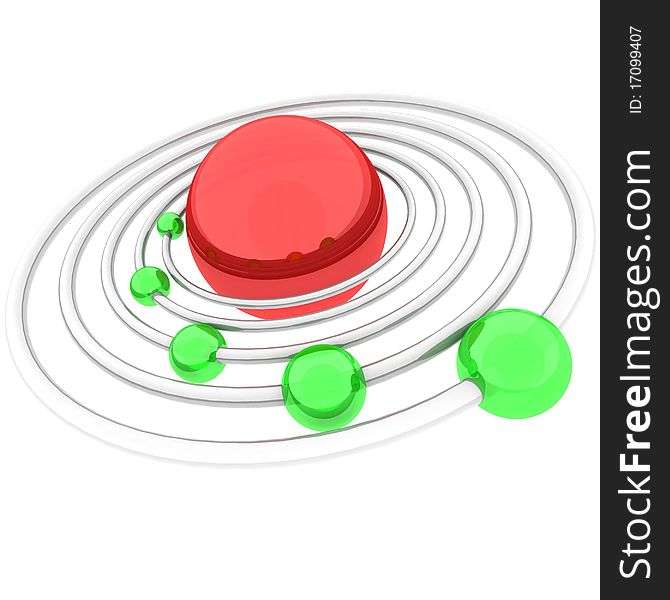 Surround the red ball around which the trajectory rotating green balls. Surround the red ball around which the trajectory rotating green balls
