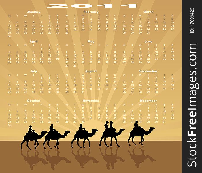 European calendar 2011, starting from Mondays. Caravan of camels in deserts - vector