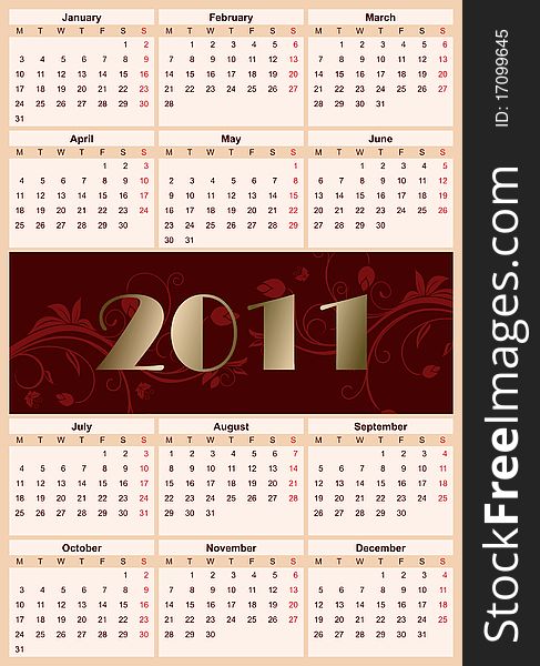 Illustration European floral calendar 2011, starting from Mondays - vector