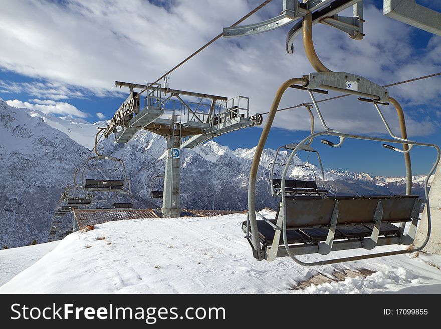 Chair lift near Tonale Pass. Brixia province, Lombardy region, Italy
