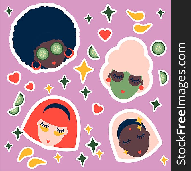 Sticker set of women different nationalities. illustration for spa and beauty salon. green mask, cucumbers and eye patches.cosmetics and skincare procedure salon service candle. Face care concept