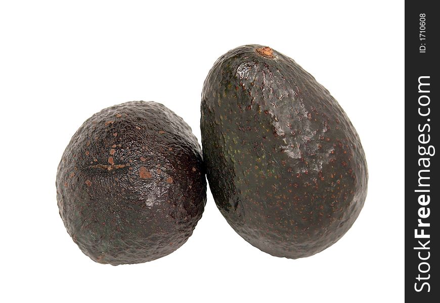 Macro view of two ripe avocado pears